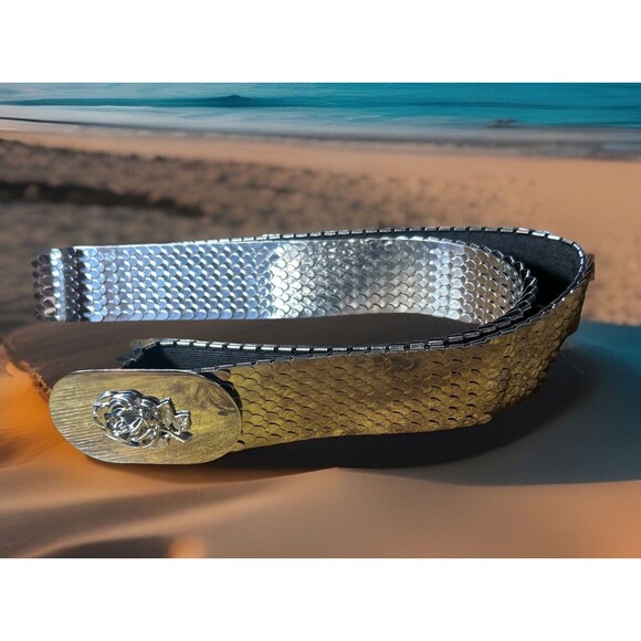 Silver Elastic Fish Scale Belt w/ Rose Medallion Sz Large Vtg Retro Disco 45” - Picture 2 of 10